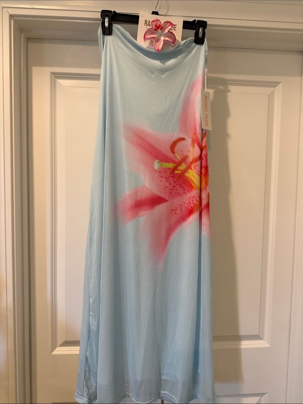 Rachel Pally Strapless Maxi Dress in Light Blue with Pink Floral